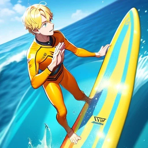 blonde hair anime boy surfing under a wave, make hands look realistic, standing up on a surfboard,wearing an orange wetsuit