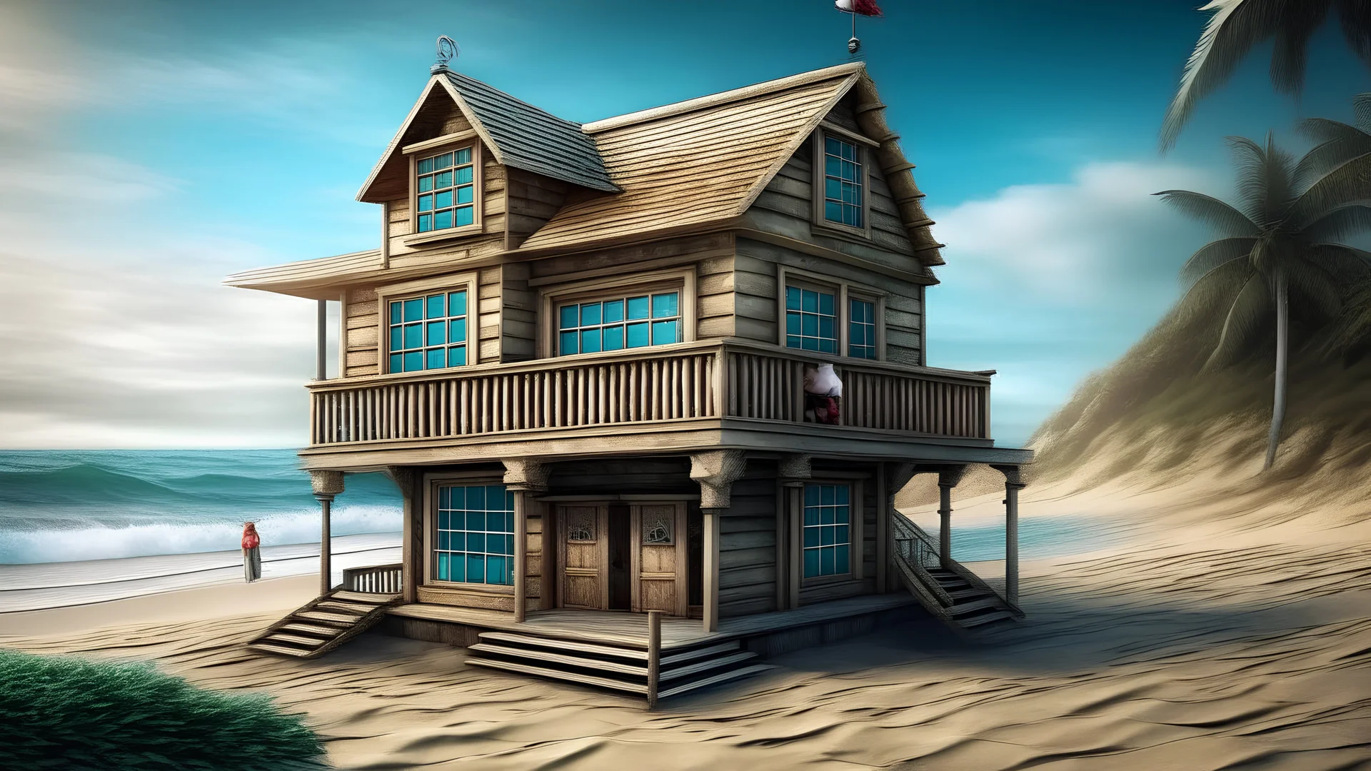 hyperrealistic, photo, house, luxury, beach, sea, santa on the roof, wooden flooring