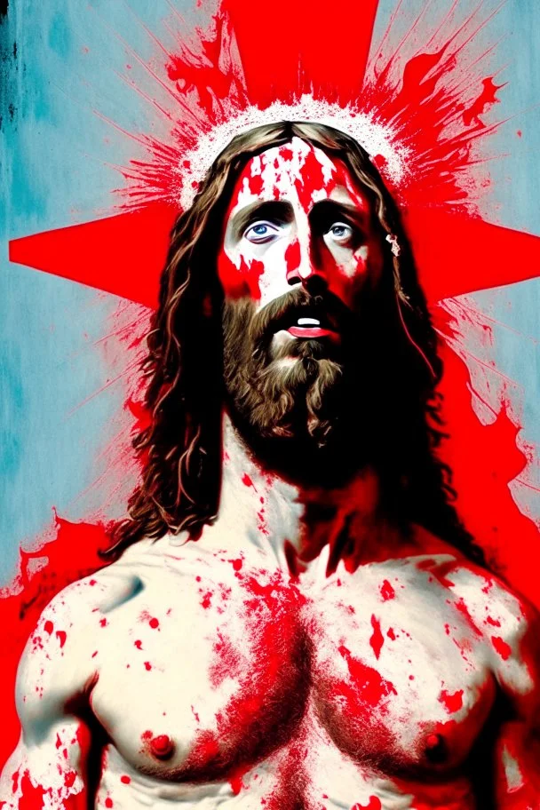 "Beefcake Jesus" depicts a satirical portrait of Jesus that has had red paint splattered on it by Fundamentalist protestors