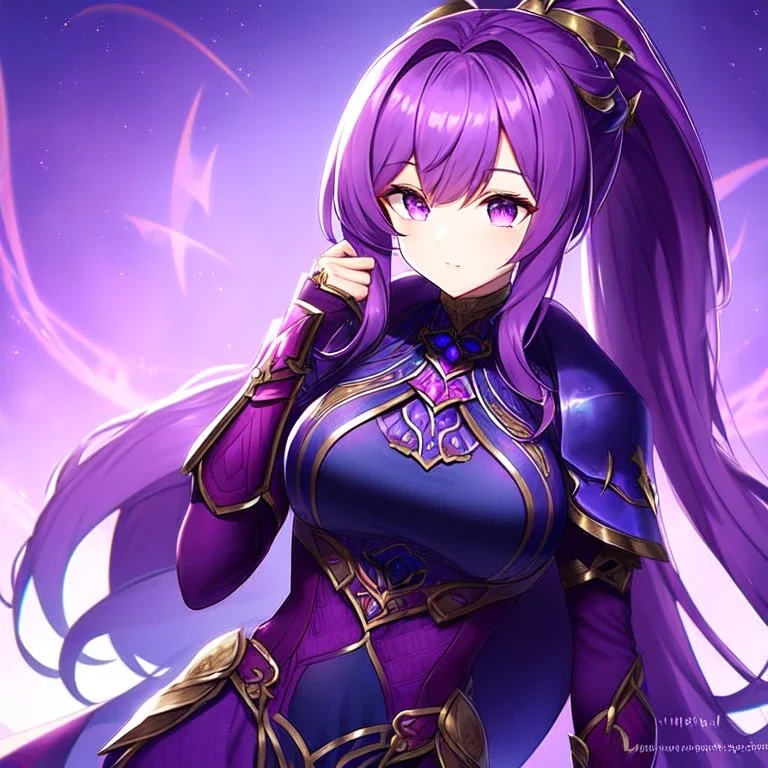 girl, masterpiece, best quality, cinematic lighting, detailed outfit, perfect eyes, purple hair, purple eyes, long hair, ponytail, in a fantasy world with armor-plated clothes, with a mystical background, glowing effects, with intricate patterns,