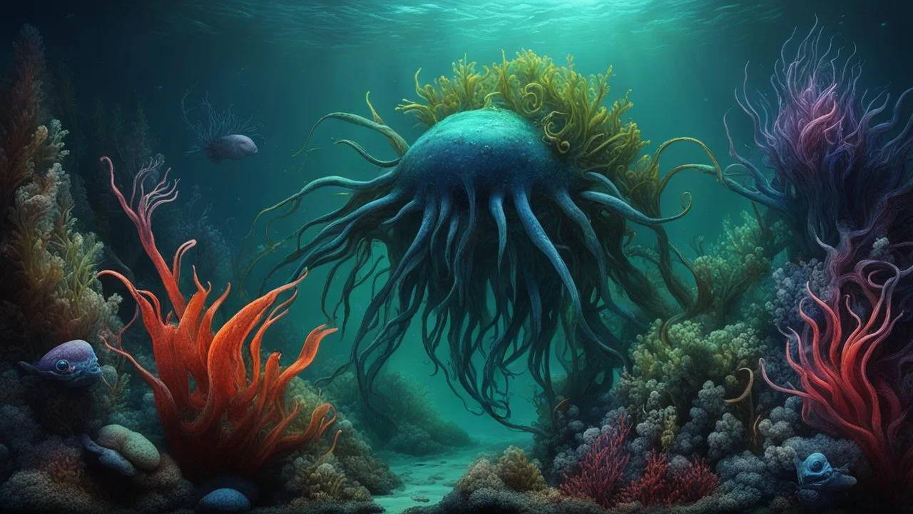 creatures, plants from subanautica from deep sea, leviathan's a lot of sea plants very deep, beautiful, river of magma, green and blue colours