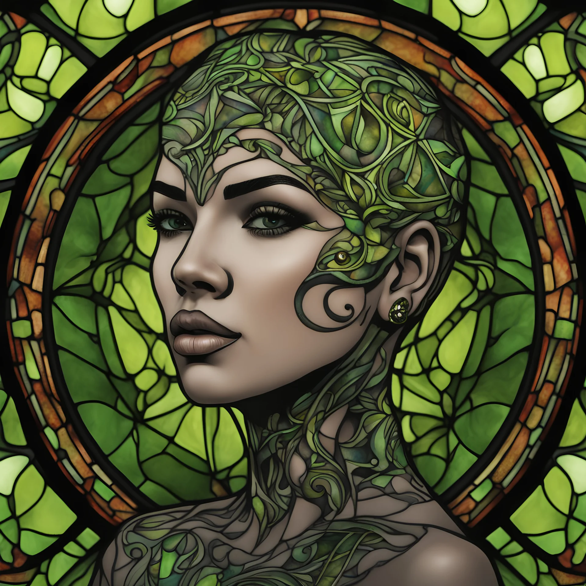 Photo, woman, blackout face tattoo with subtle lime green accents and stained glass, style –ar 2:3 –style 400