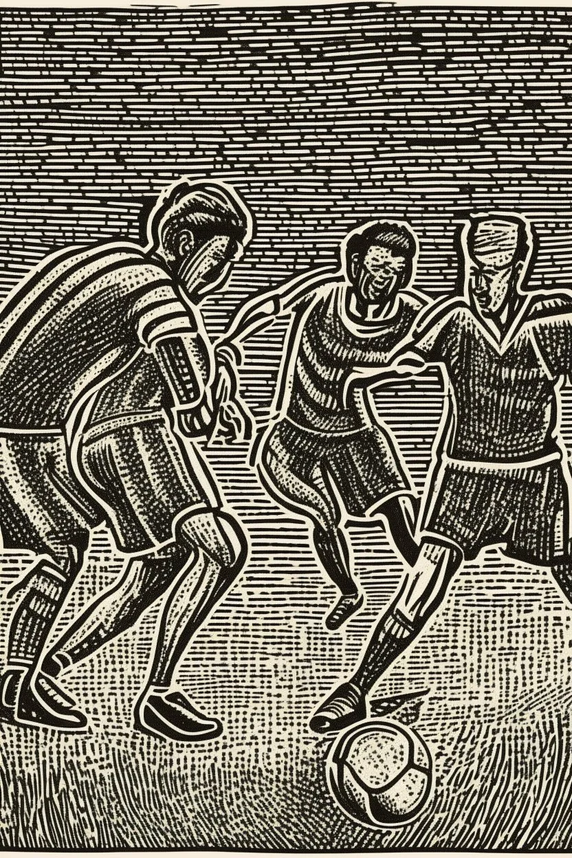 Woodcut, clean, soccer match