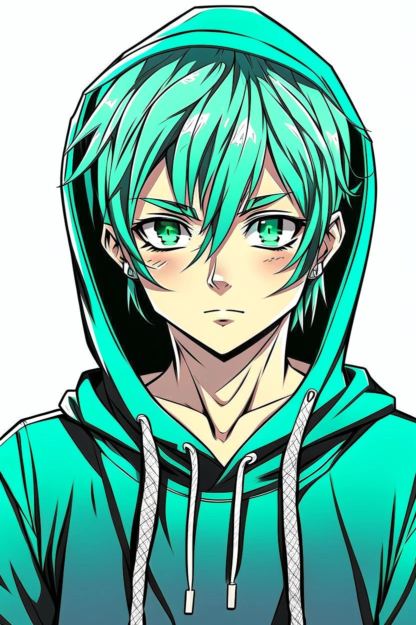 Anime young man with green hair wearing a black hoodie