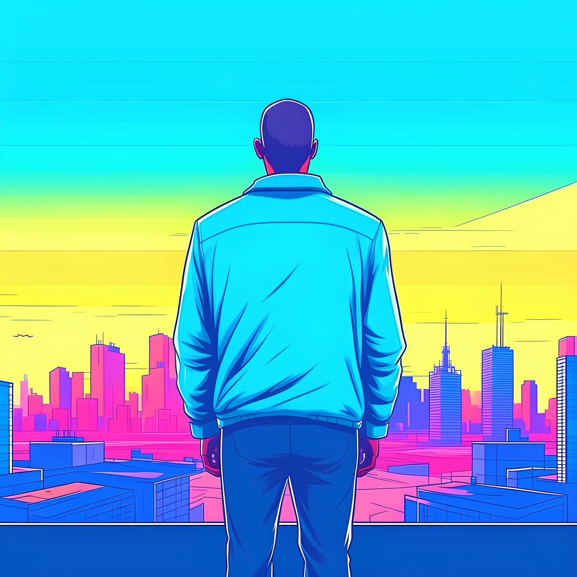 gta style illustration of a person from behind and a city in the background with normal colors