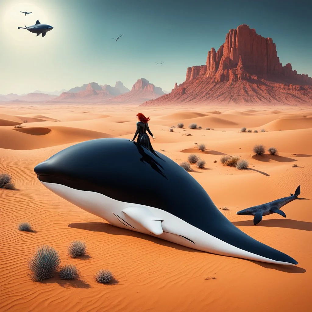 Surreal desert setting where clay Black Widow rides a whale to meet her Avenger friends.