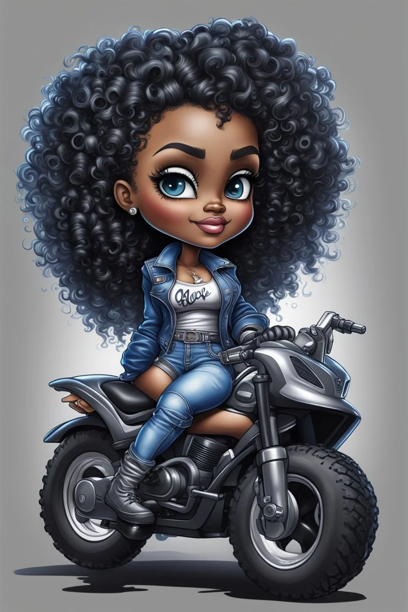 create an airbrush illustration of a chibi cartoon voluptuous black female wearing a blue jean outfit with biker boots. Prominent make up with hazel eyes. Extremely highly detail of black and blonde tight curly hair. She is sitting on a Black and silver ATV. Background of a bike show.