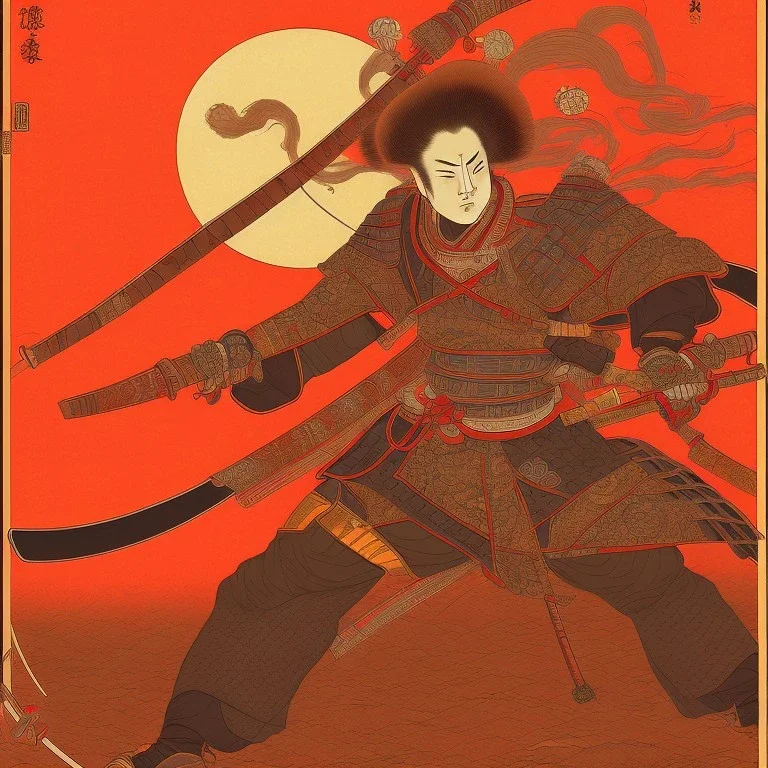 Single human Samurai Japanese Ukiyo-e, red sun in the background