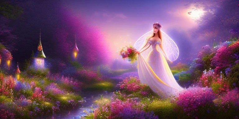 bright fairy, beautiful portrait, flowery landscape