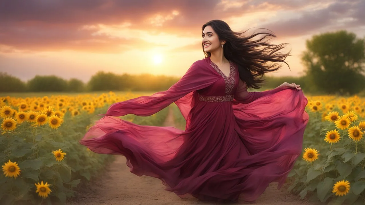 Hyper Realistic Photographic-view of a Beautiful-Young-Happy-Pashto-Woman-Smiling with beautiful-long-black-hair-&-pink-dress-with-maroon-shawl & breeze-whirling in a sunflower-field with a tree behind & cloudy-sunset showing dramatic & cinematic ambiance