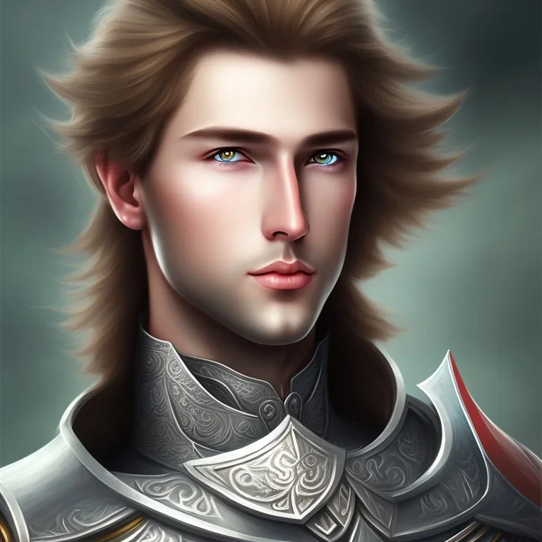 Portrait of a pretty prince in armor without beard. Has grey eyes, mullet hair