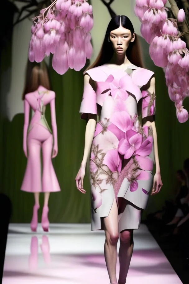 Model in runway with pink orchids like principal elements and element that recall olives trees and palm