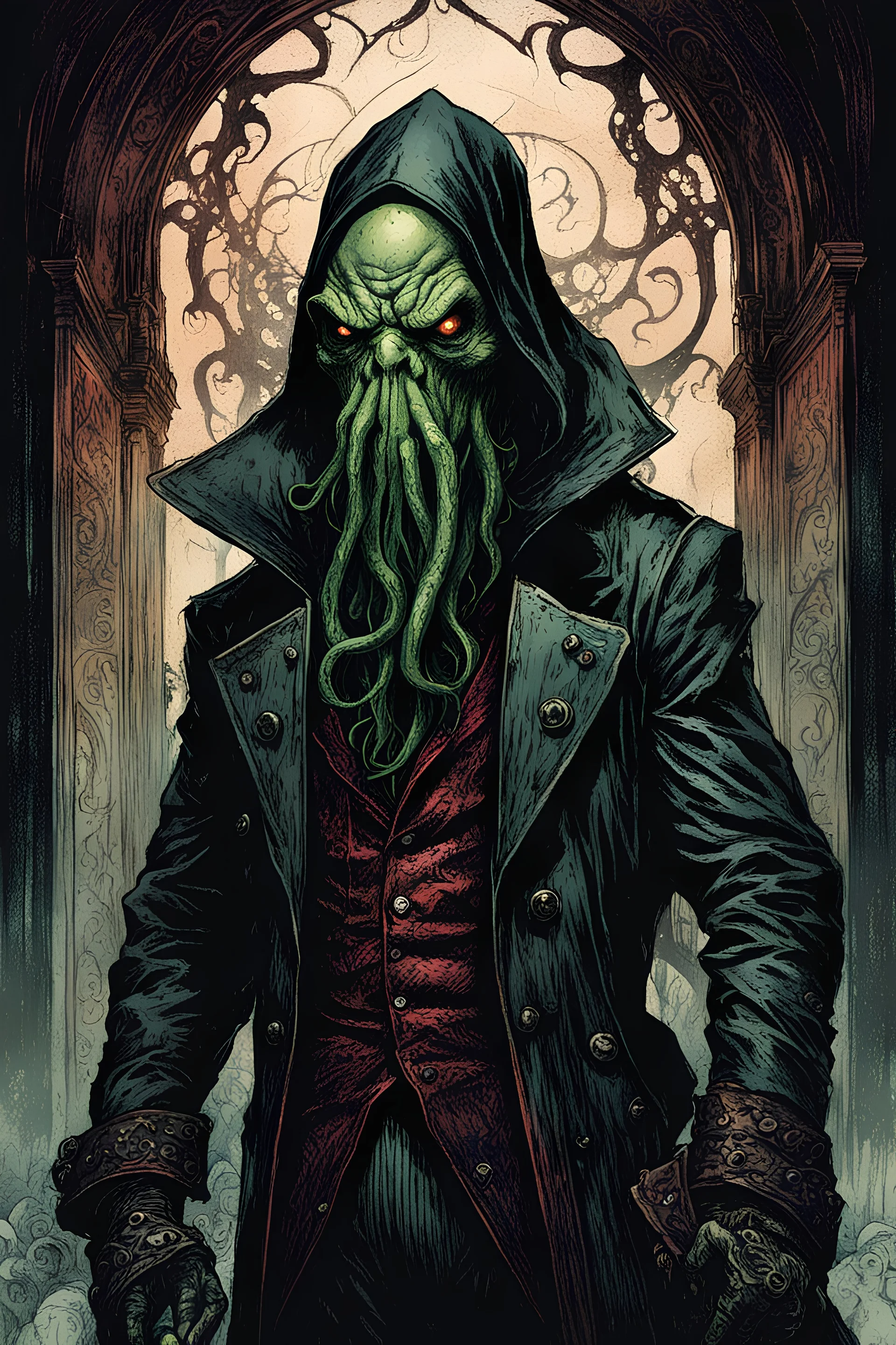 highly detailed color woodcut concept character illustration of a world weary, Cthulhu dressed as a gothic Victorian rogue , maximalist, sharp focus, highest resolution, in the styles of Denis Forkas , Bill Sienkiewicz, and Masahiro Ito, boldly inked, 8k, coarse, gritty textures