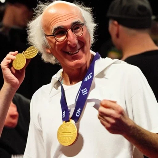 Larry David eats a gold medal at the Olympic polka contest