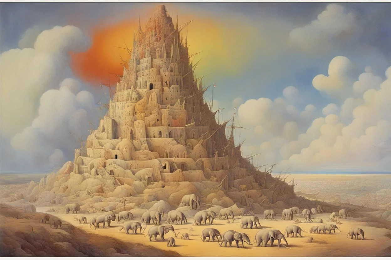 Mystics building the tower of Babel, Elephants with long legs used as scaffolds, expansive art, surreal art, by Yves Tanguy, colorful, cel-shading, Progressive Rock album cover art graphics by George Hardie.