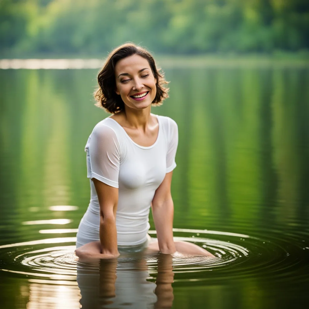 photography of a beautiful and happy woman, standing in lake water, eyes closed, meditation, white top, yoga flyer, brunette short wavy bob haircut, serenity, misty, relaxing image, white misty colors, foggy sunlight