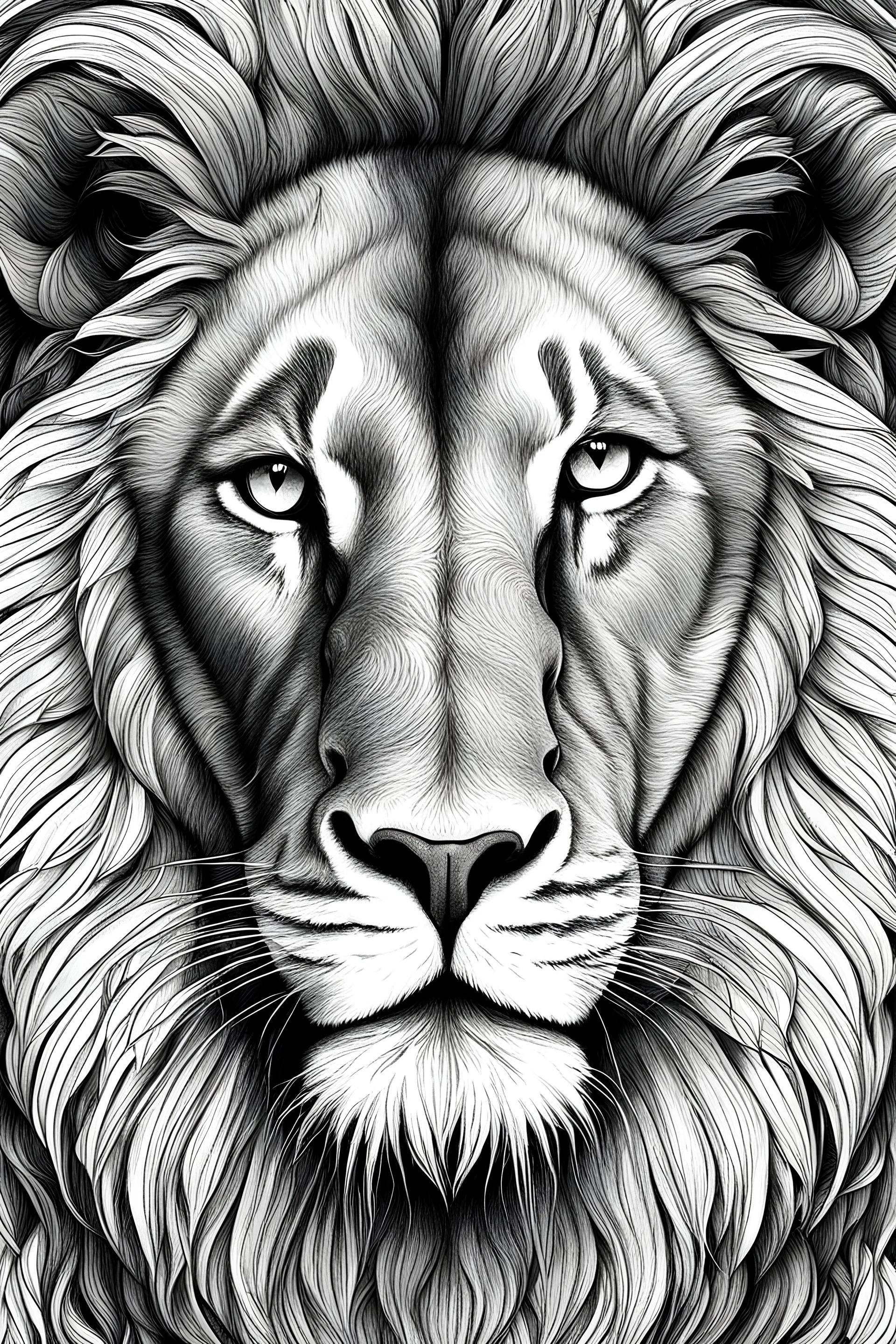 A detailed sketch focusing on the intense gaze of a lion for coloring book
