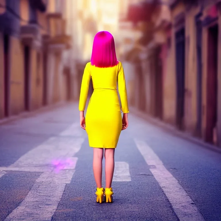 Beautiful lonely girl who walks along a street without people at dawn. You see her from behind. She short wears very short yellow dress, nice legs. She has short pink hair with glowing crystals. Full body, 8k resolution concept art. Professional Photo HD. Stylish. Warm vivid colors. Panoramic