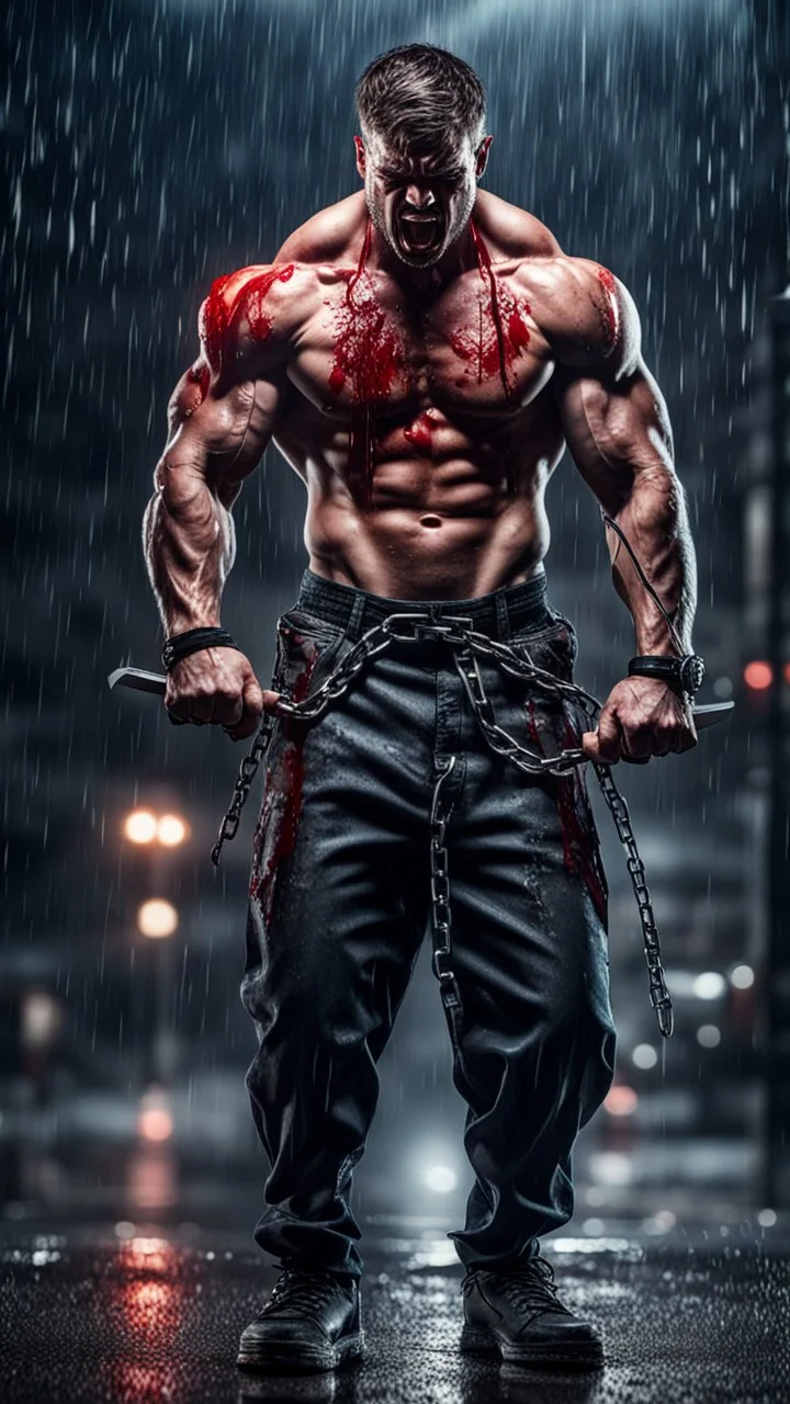 Hyper realistic angry furious muscular man carrying a fancy knife with blood on it standing on a metal surface with hanging metal chains at rainy night