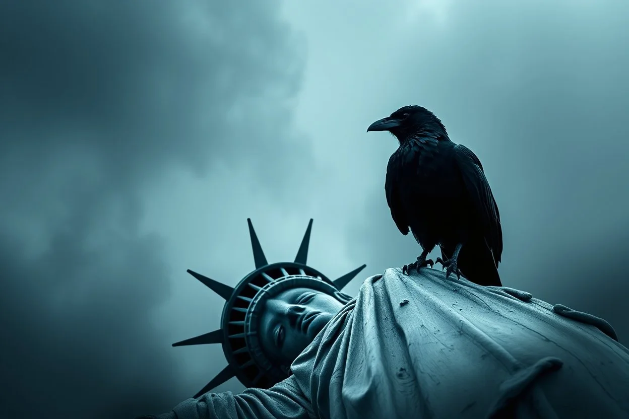 a lone raven sits on a fallen statue of liberty, dark abstract background