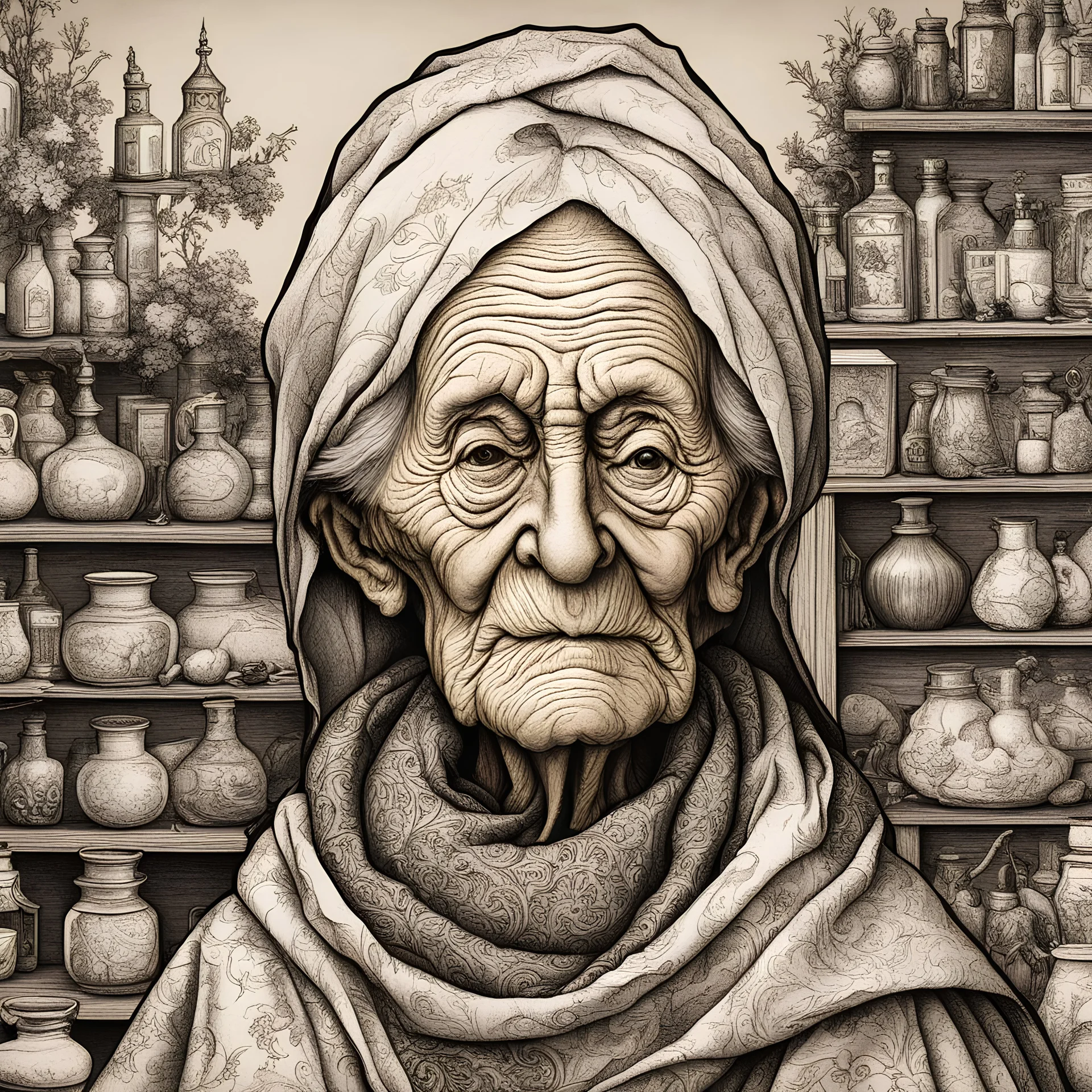 a Dutch Renaissance era inked caricature illustration of a wizened and aged female elder apothecary highly detailed facial features, in the style of Pieter Brueghel the Elder , Hieronymus Bosch, and Gerald Scarfe aged canvas, craquelure finish, archaic masterpiece, 4k