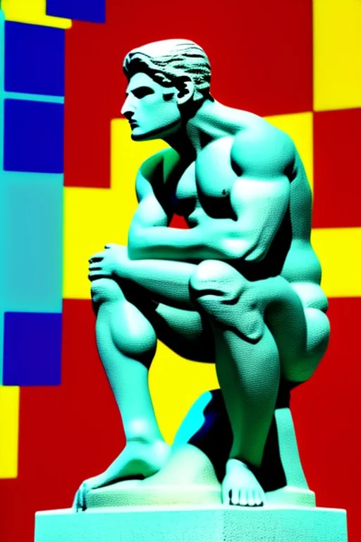 Artistic photo in the audacius style of Jill Greenberg, upclose striking image about "The Thinker statue", the statue as main focus in a white room with his body covered in movie scene shadows playing on the body about news and movie scenes. Exploding into the air are colourful matrix data and virtual numbers, on the floor are broken pieces of statue, questioning the role of deep thought in an increasingly digital and disconnected world