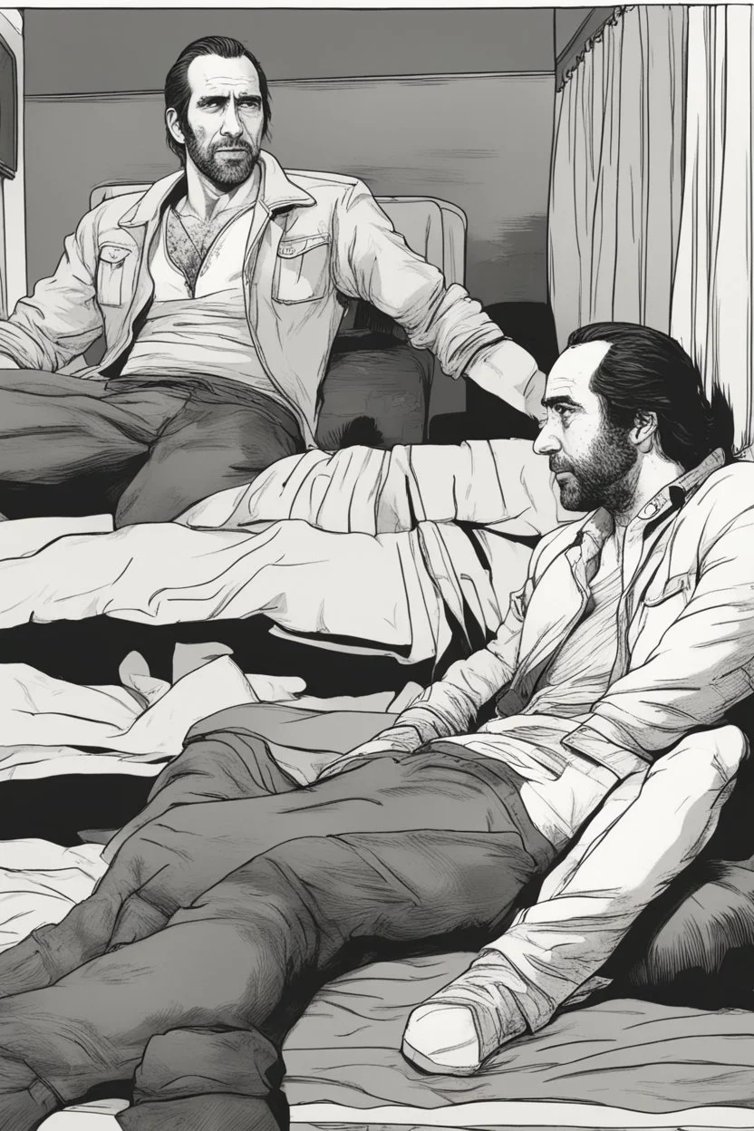 Nicolas Cage and Trevor Philips cuddling in the bedroom.