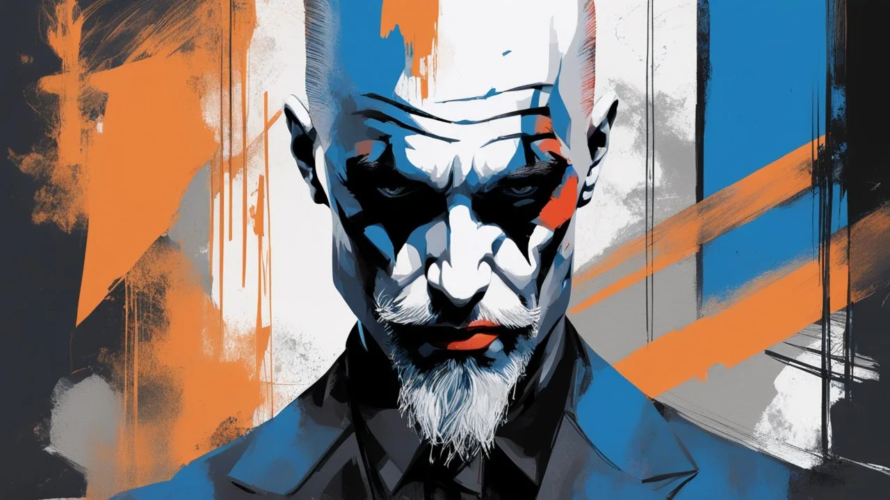 aesthetic, painterly style, modern ink,front face,Bald, big beard، joker model , blue, sensual, sultry, dark blouse, expressive pose, urbanpunk, abstract texture multilayer background, neo-expressionist , Russ Mills, Ian Miller