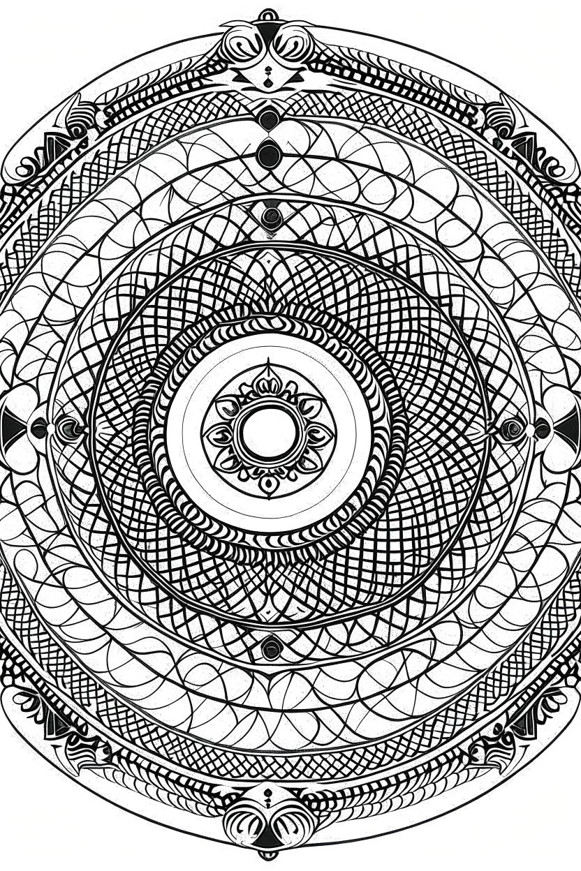 Mandala of the Yin Yang symbol merged with the Sri Yantra, rendered in black and white with clear lines for an adult coloring book, contour, vector, clean line art, against a white background