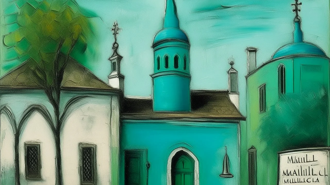 A blackish teal church with ethereal pottery painted by Maurice Utrillo
