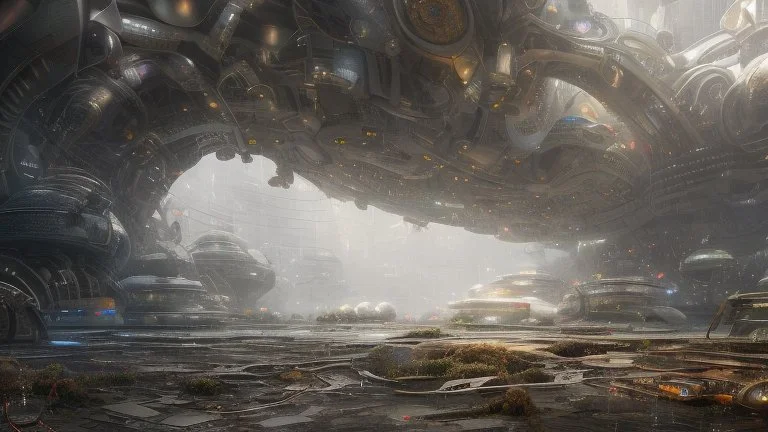 worms-eye view of a woman in a silver robotic catsuit standing in a futuristic derelict alien city with mushrooms with tentacles floating in the sky, Ian McQue