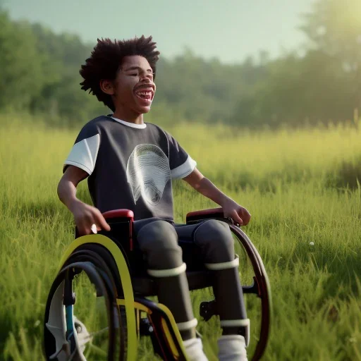 white boy joy, black teenage boy in wheelchair frolicking through a meadow with unrestrained happiness