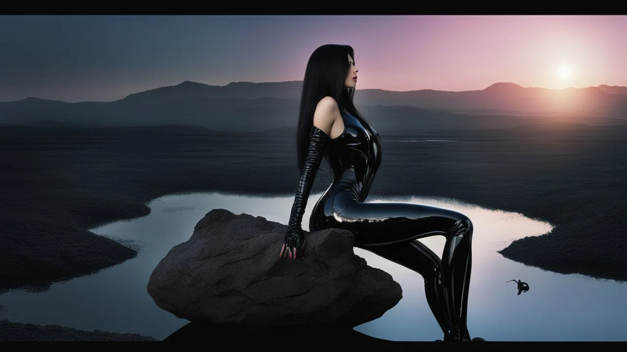 fantasy photo of a woman in an android looking catsuit, with black hair, sitting on a ledge over a pond, wearing an android-looking catsuit, sideways, with a planet behind her