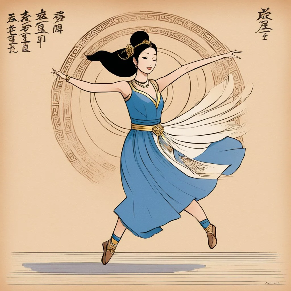 (high res photo in the style of Orion, by Masamune Shirow) Marcia danse un peu chinois La chaleur dans les mouvements d'épaules À plat comme un hiéroglyphe inca De l'opéra