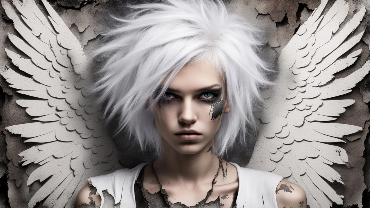 Punk, Angel, portrait, white hair, background old canvas torn cracks, mystical