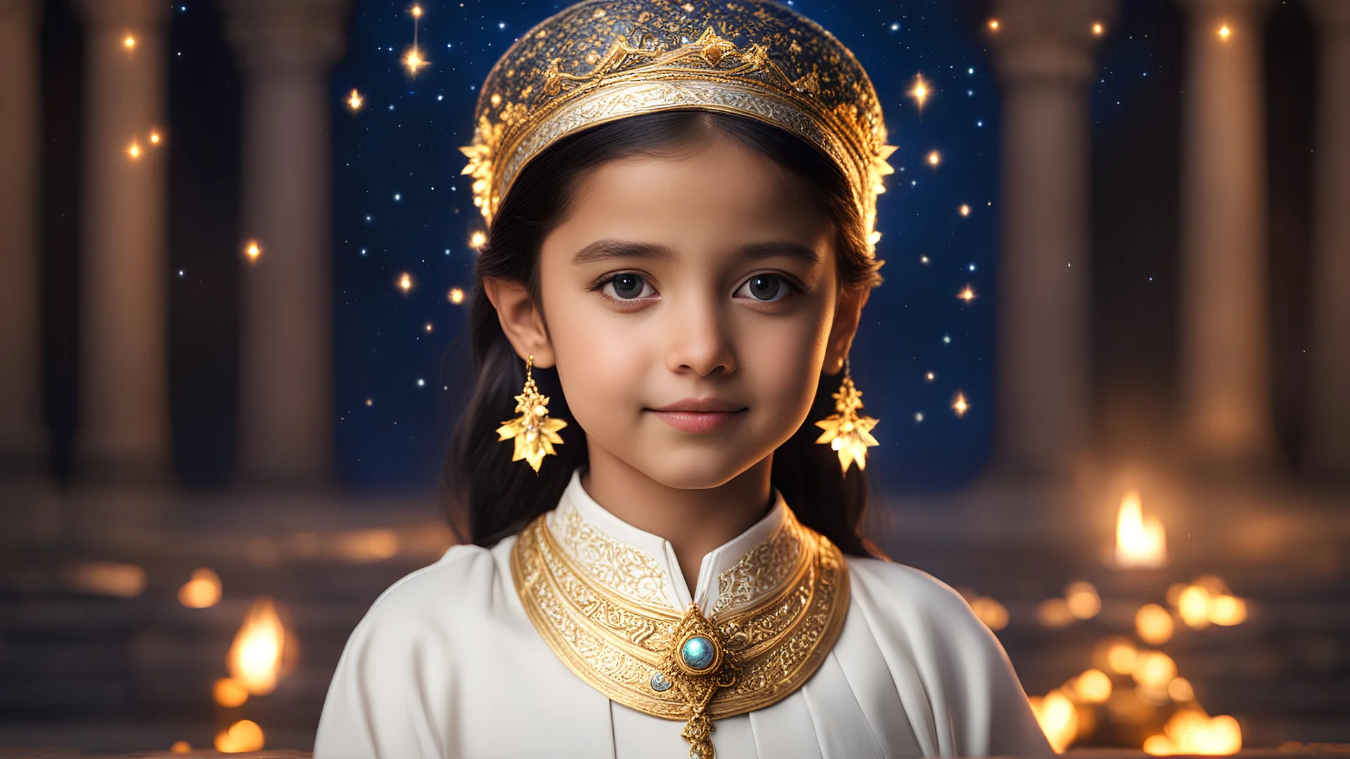 little very young Zoroastrian girl, beautiful, peaceful, gentle, confident, calm, wise, happy, facing camera, head and shoulders, traditional Zoroastrian costume, perfect eyes, exquisite composition, night scene, fireflies, stars, Zoroastrian landscape, beautiful intricate insanely detailed octane render, 8k artistic photography, photorealistic concept art, soft natural volumetric cinematic perfect light, chiaroscuro, award-winning photograph, masterpiece, Raphael, Bouguereau, Alma-Tadema