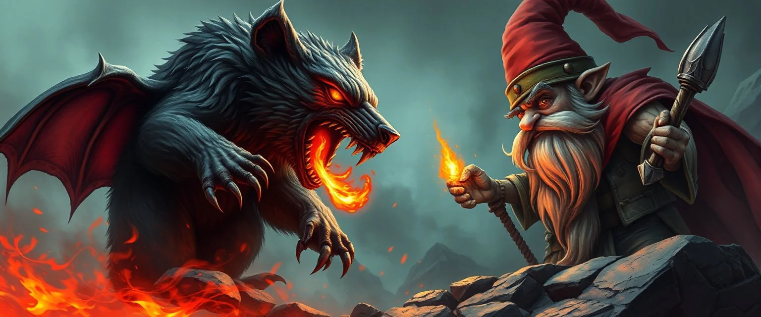 fire drop bear vampire vs gnome goblin rock priest, fish eye lense