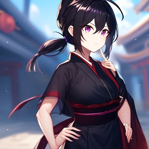 Clear focus, High resolution, Black hair, low small ponytail, purple dead eyes, japanese outfit, serious expression, one arm on hip, other hand free, purple red white and black outfit, short skirt, ahoge, (solo), hair between eyes