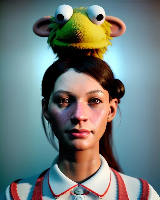 Portrait, hybrid character, waitress woman with monster muppet mask that covers her entire head, retro style, Sesame Street style, smooth, unreal engine 5, god lights, ray tracing, RTX, lumen lighting, ultra detail, volumetric lighting, 3d.