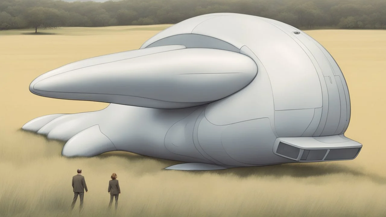 small, sleek, squat, cargo spaceship shaped like a whale, sitting in a field