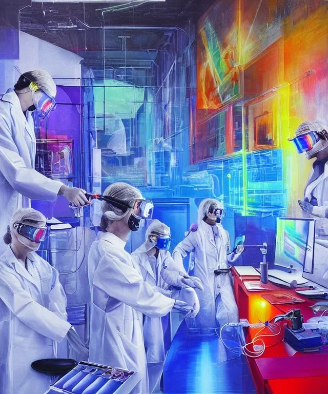 scientists create a new version of photoshop. they are wearing safety goggles and white clothes. lab. blue light from fluorescent lamps. color charts. hyperdetailed cool colors detailed painting acrylic art oil on canvas futuristic post-apocalyptic fantasy --test --creative