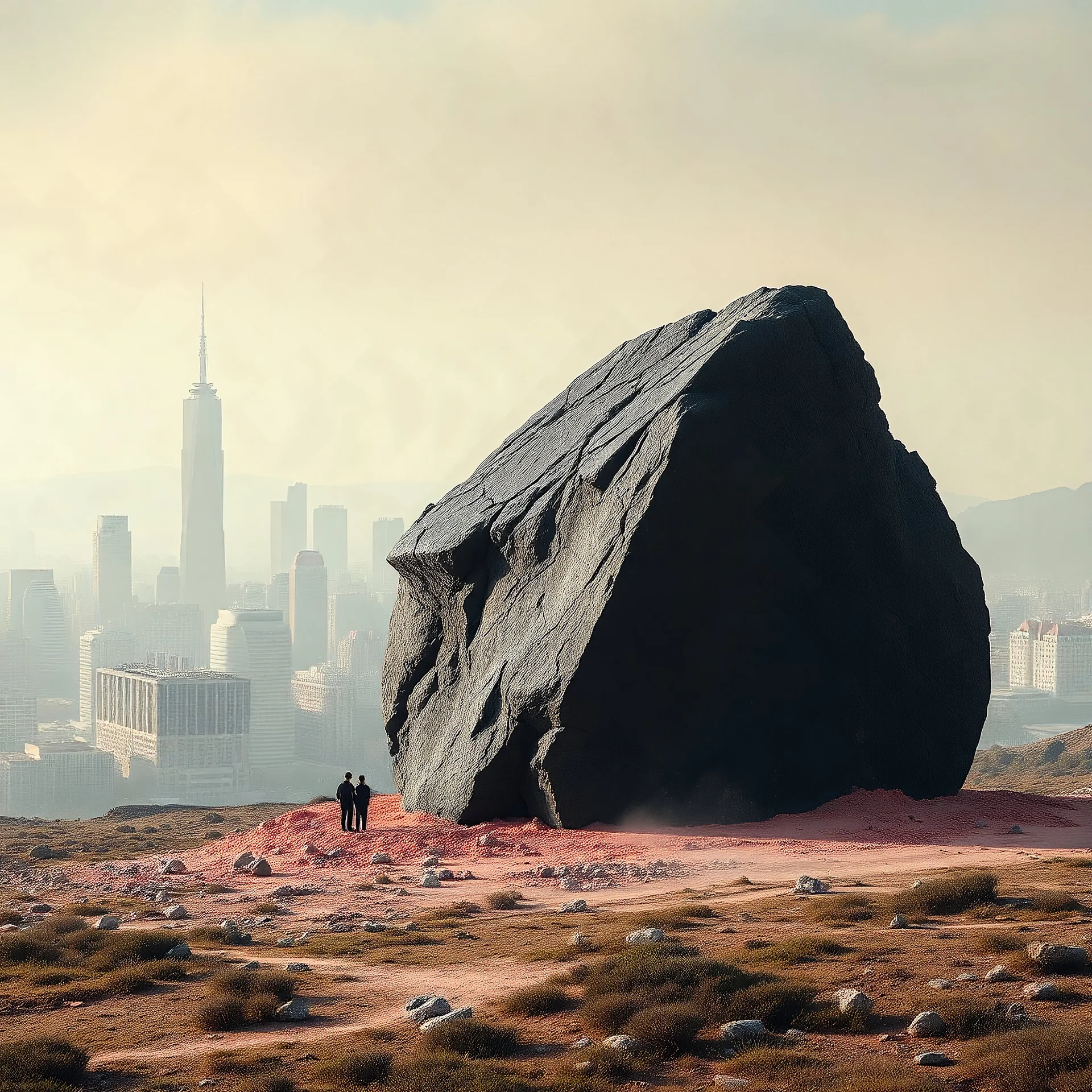 Photograph of outskirts of a city, ominous and odd black ireegular stone rises from the earth, details of the stone very accentuated, brutalist style, aftermath, liquid, powder, pastel colors, people, minimaximalist, detailed, 8k, museum, deep 3d field, hasselblad h6d400c --ar 85:128 --v 6.0