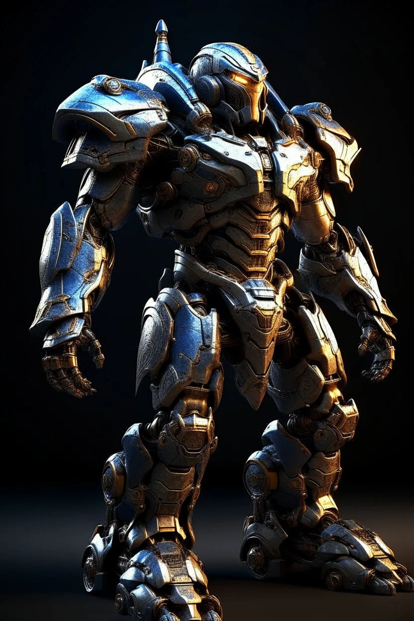 Ironclad stands at an imposing 8 feet tall and is heavily armored with a combination of sleek metallic plating and blue energy accents. Its body is adorned with a polished, reflective surface, giving it a distinct and imposing presence on the battlefield. His waist is snatched. His design is HEAVILY inspired by Nullsector from Overwatch