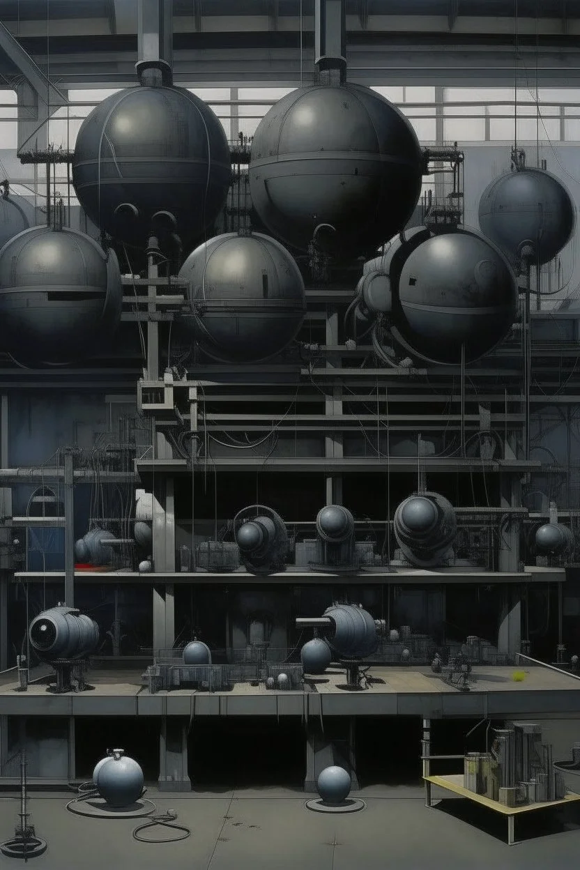 A dark gray robotic factory with bombs painted by Raymond Duchamp-Villon