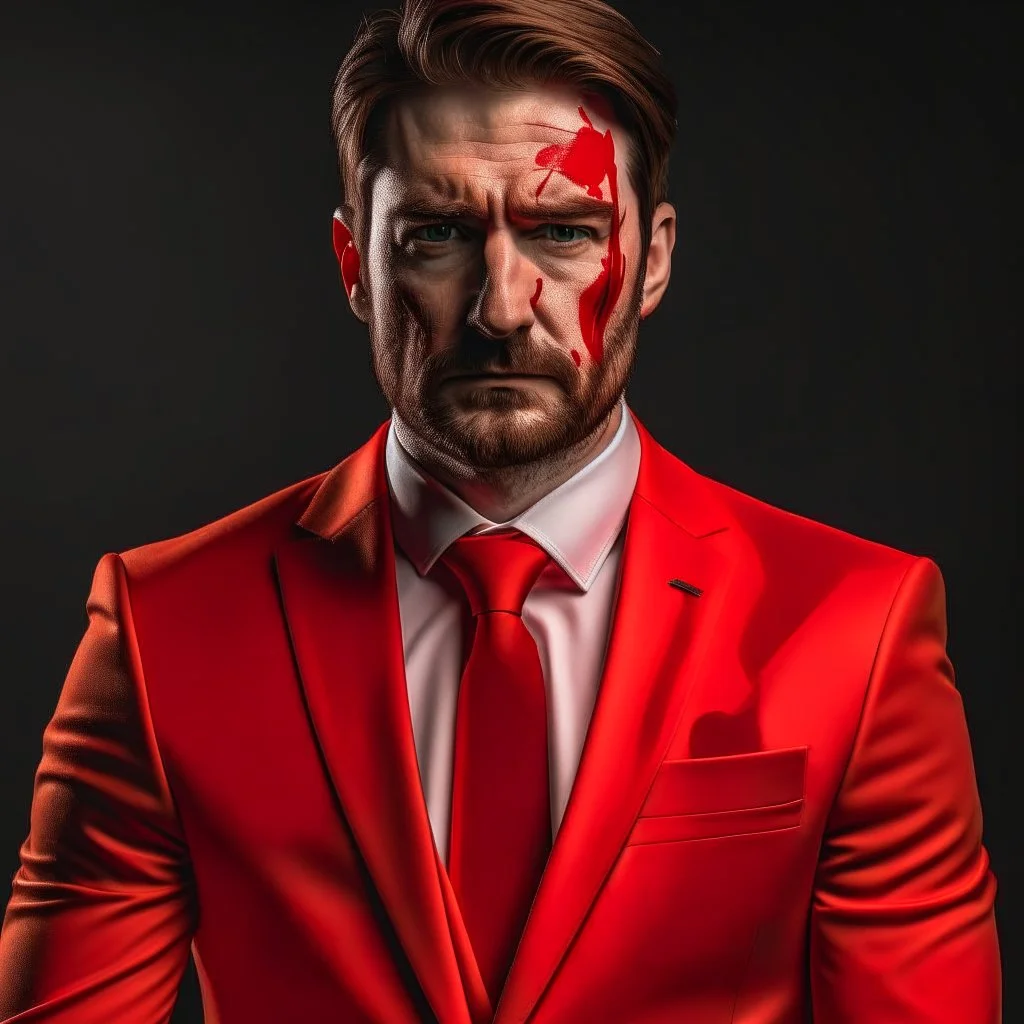 a man wearing a red suit with a red tie who is missing the skin on his face