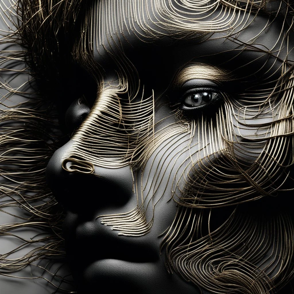 Woman face made of golden metal wires