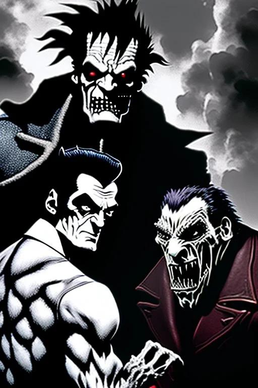 Frankenstein monster and the wolfman fighting each other as Dracula stands by and watches