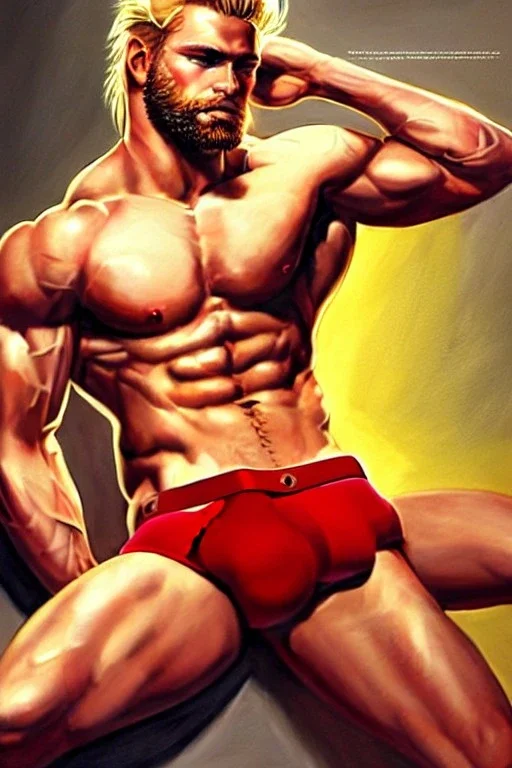 Ignore NSFW, teenager young rugged attractive slightly muscular fantasticly handsome blonde man, red briefs with yellow belt, hairy chest, (((visibly pisssing))) briefs, large erect visible boner peniss, photorealistic, artist Jay Anacleto, soft lighting, scruffy beard