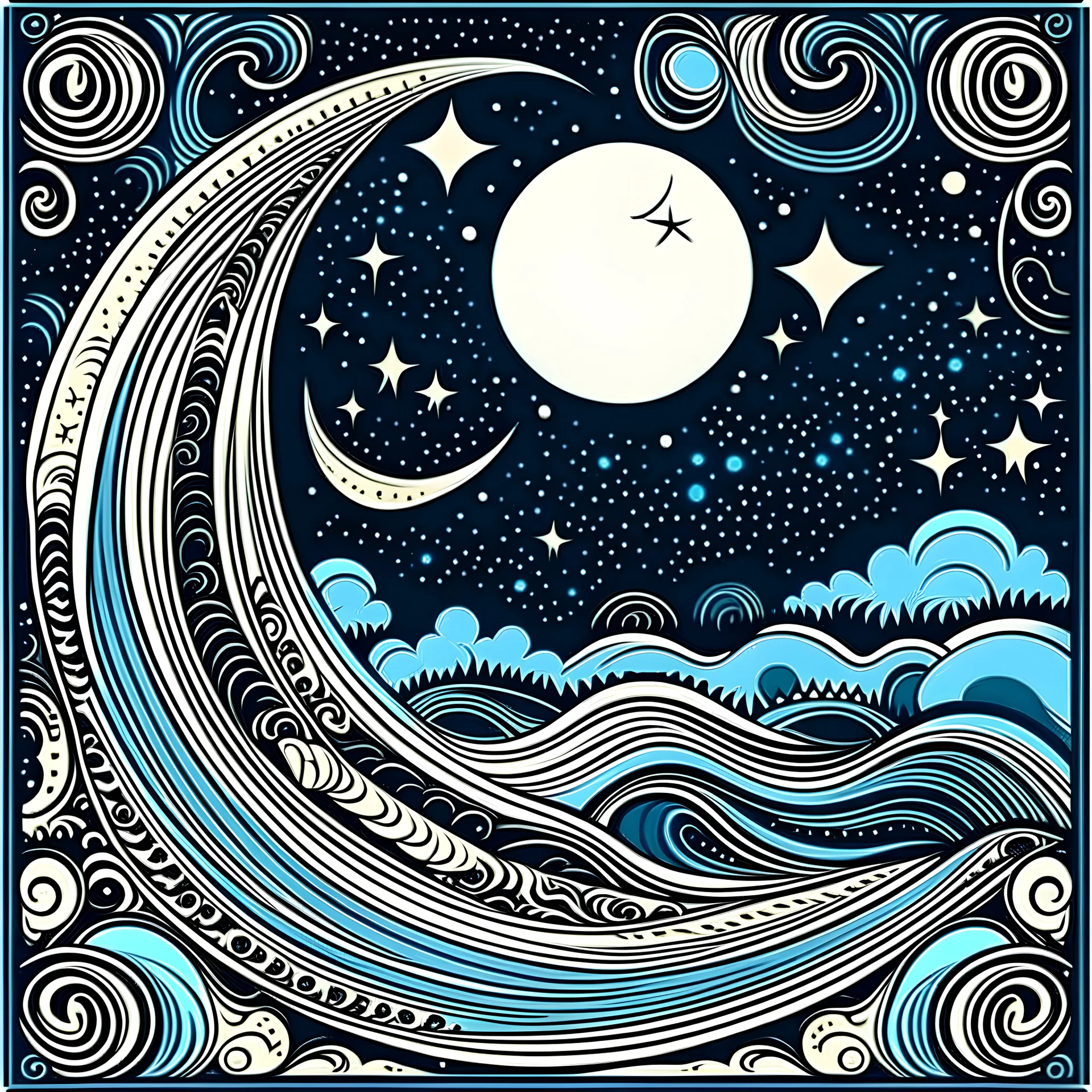 design with thick border moons in corner blue tones moon stars waves in night sky style of art deco