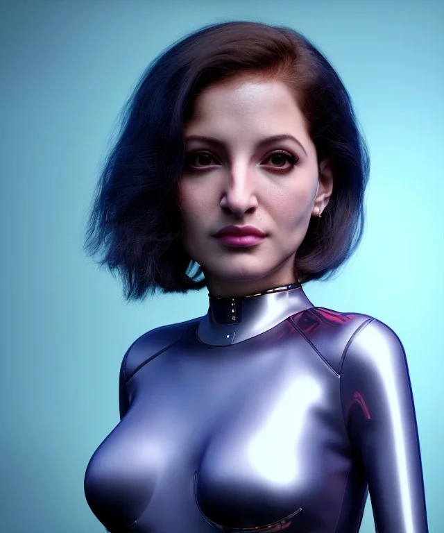 Artist, young gloria estefan, android woman, sweet, clean skin, short hair, circuits, ghost in the shell, latex coat, feather, cyber punk, neon, bamboo, blood, portrait, studio photo, unreal engine 5, soft color, 16 bit, god lights, ray tracing, RTX, lumen lighting, ultra deatail, volumetric lighting, 3d, finely drawn, hd.